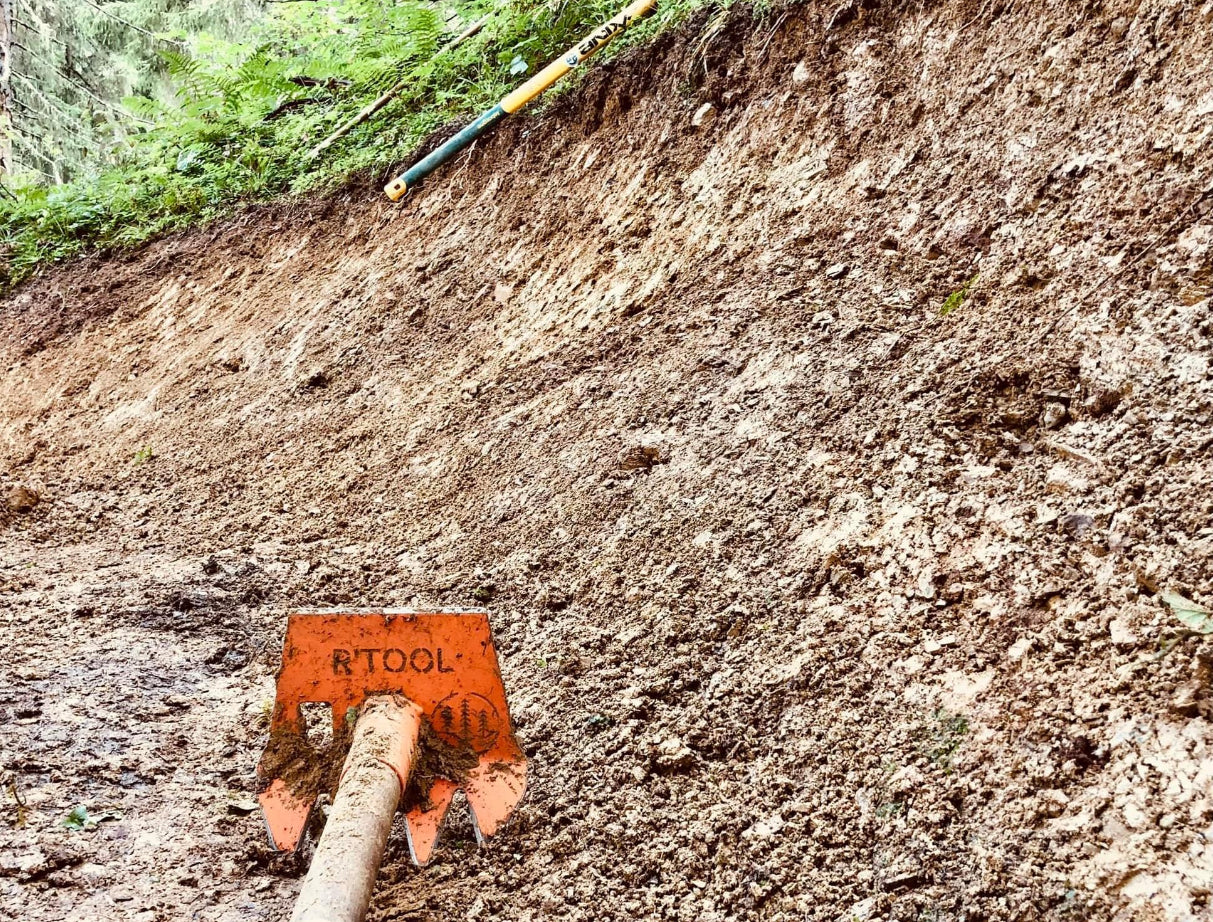 R'TOOL Mini Shape'R trail building rake shaping and maintaining a MTB berm