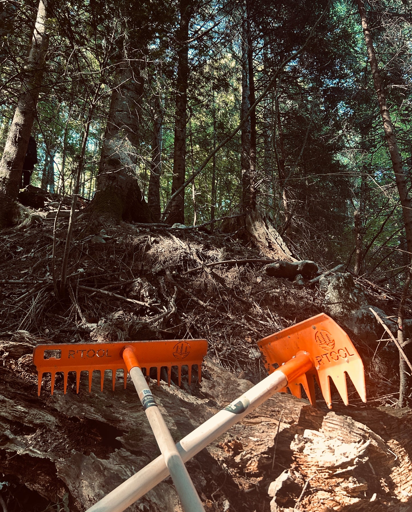 R'TOOL trail building tools on forest MTB trail with rake and shaping tool