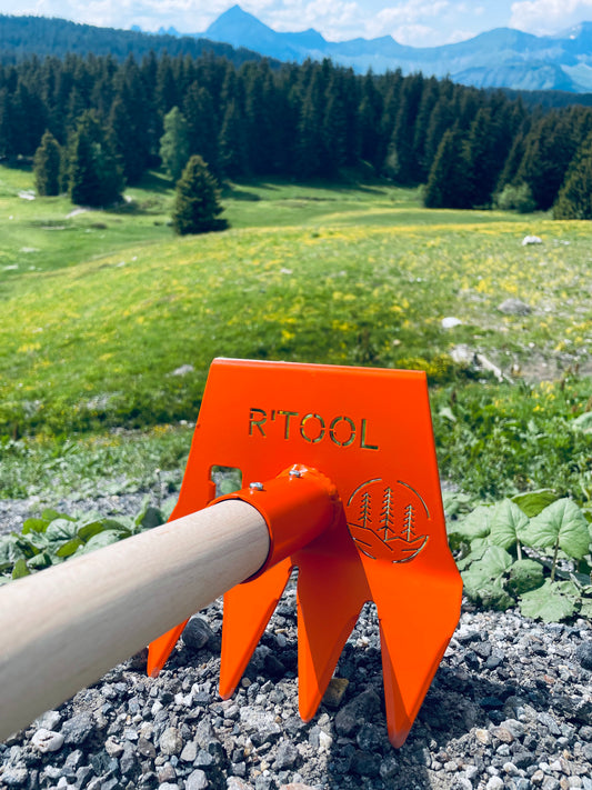 R'TOOL Mini Shape'R compact trail building rake on alpine MTB trail
