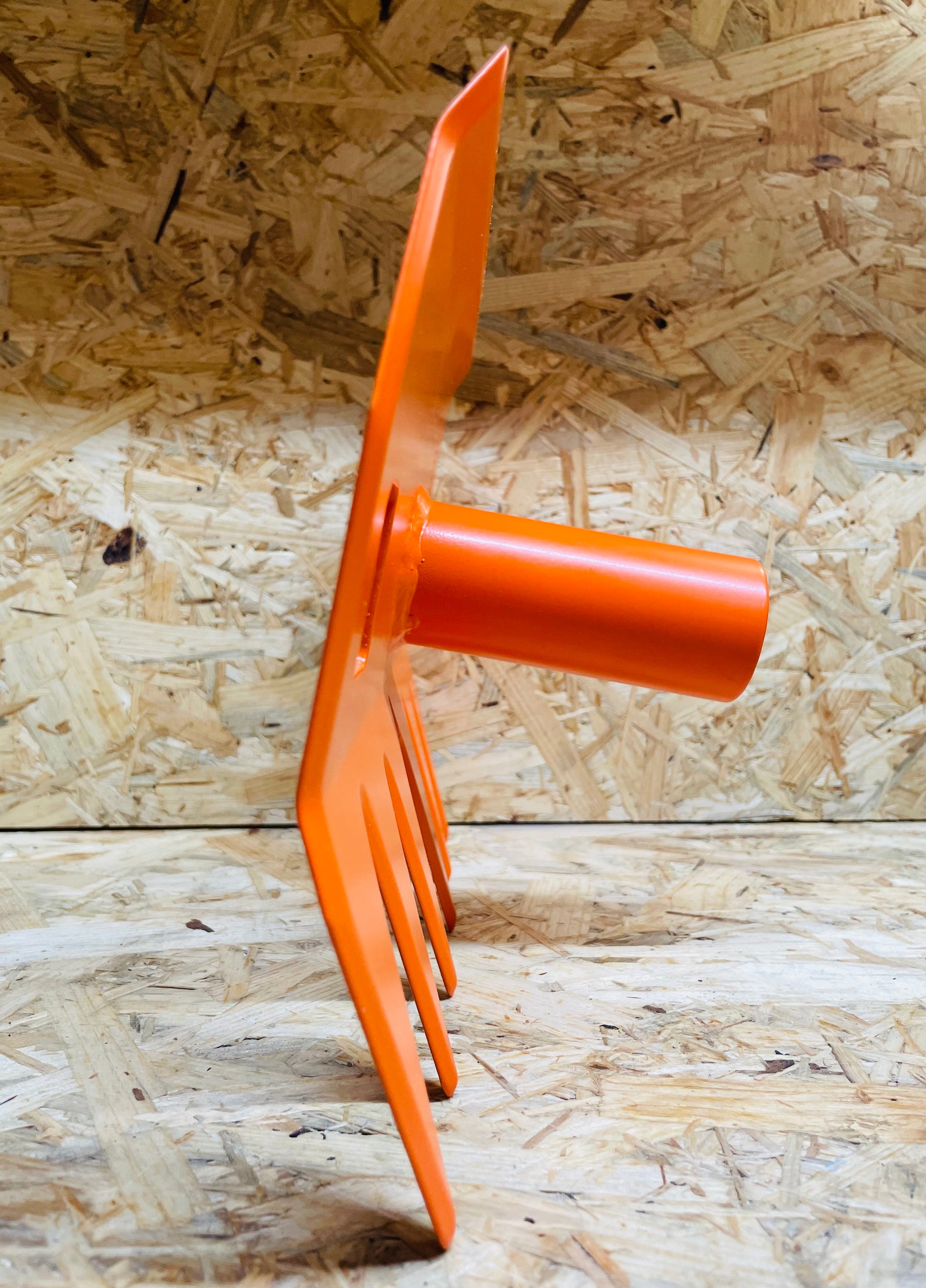 Side profile of R'TOOL Shape'R 2 head only trail building rake with steel socket and sharpened teeth