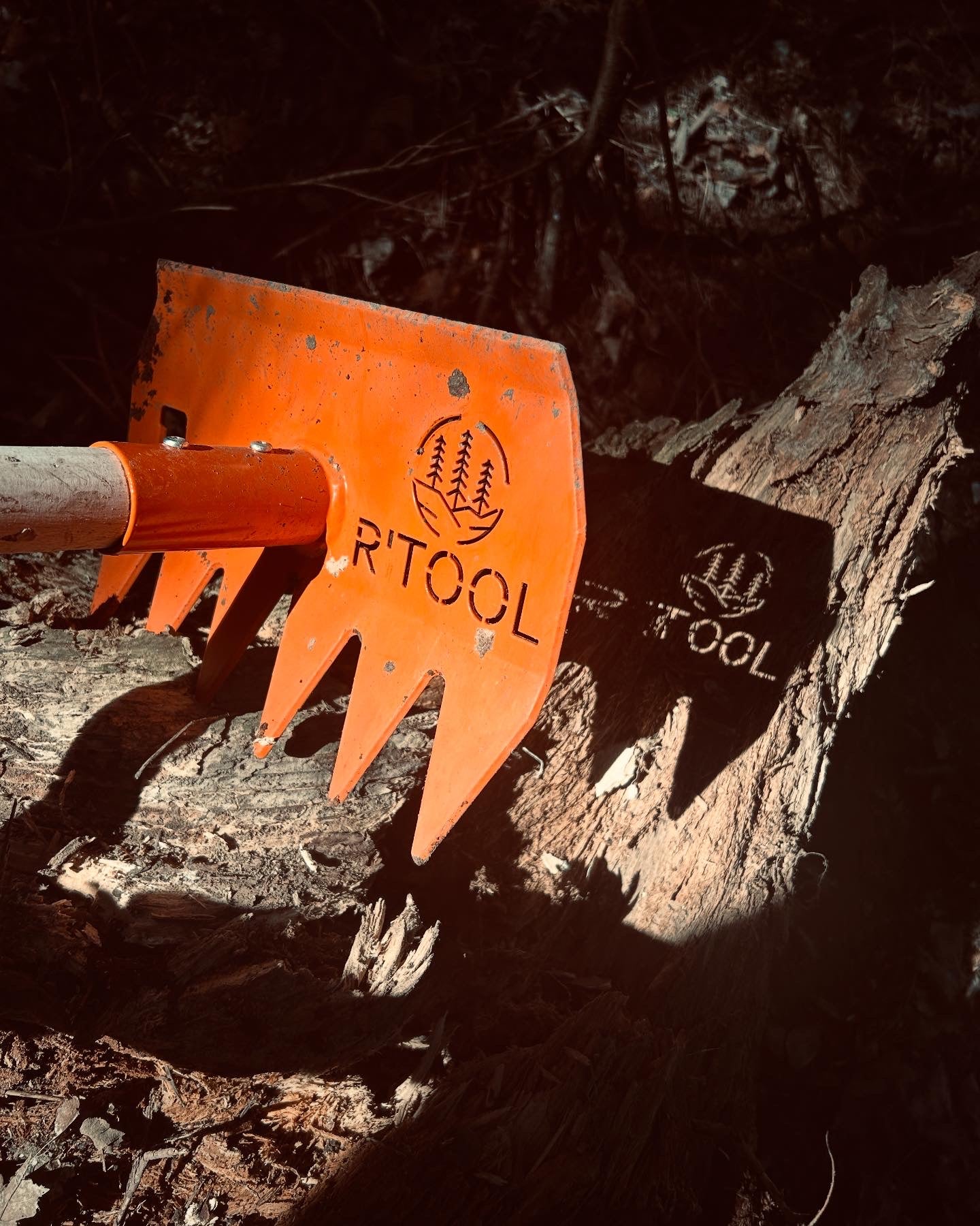R'TOOL Shape'R 2 trail building rake resting on tree trunk in forest environment