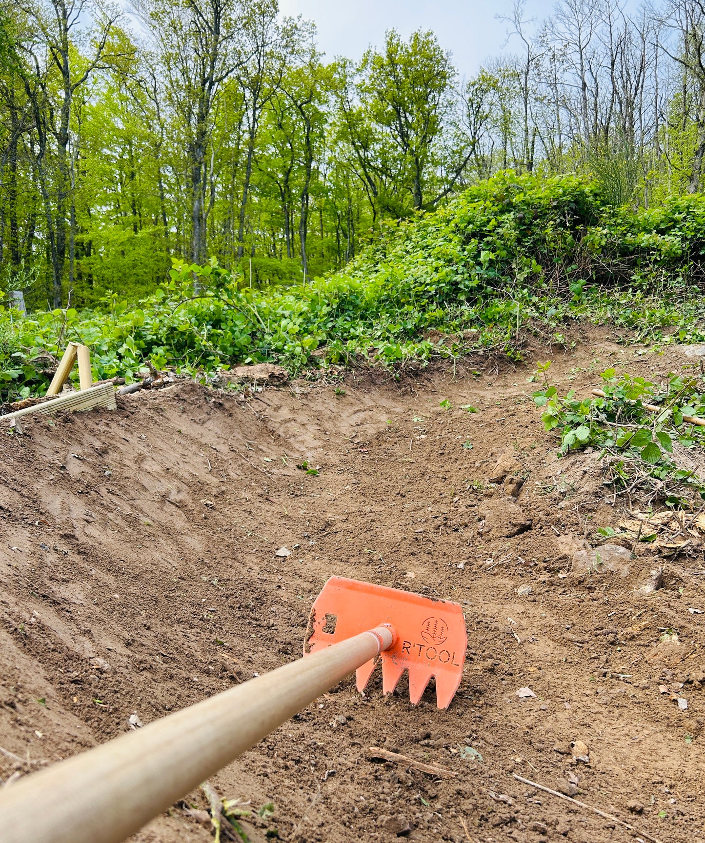 R'TOOL Shape'R 2 trail building rake shaping MTB berm on forest trail