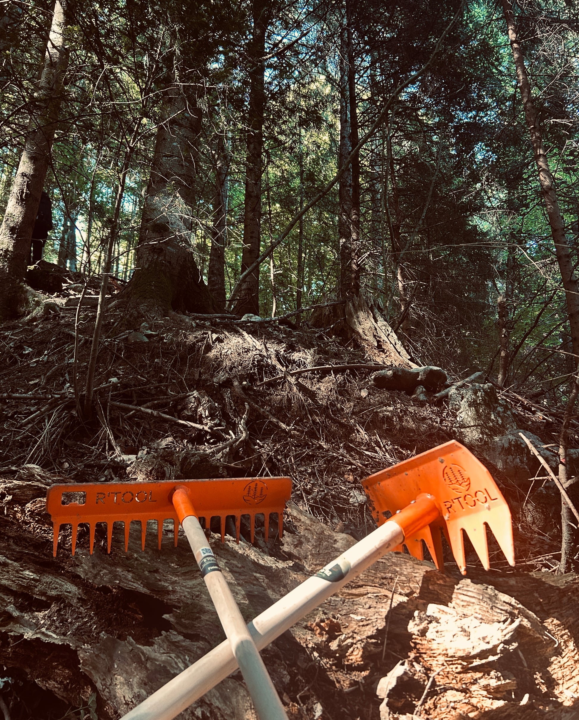 R'TOOL trail building tools on forest MTB trail with rake and shaping tool